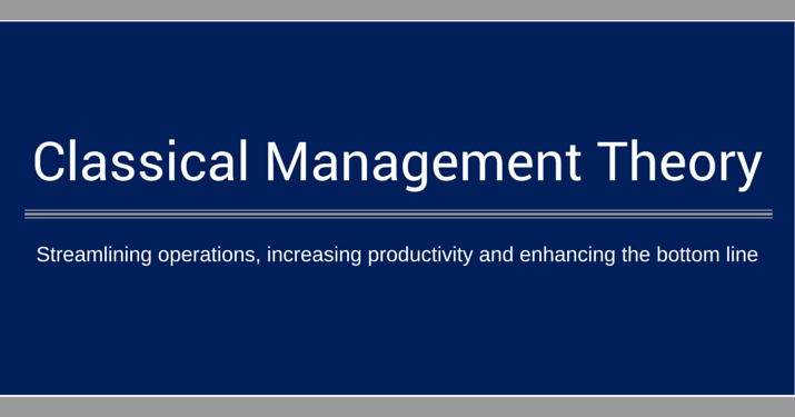 "Classical Management Theory" in large whit text with the subtitle "streamlining operations, increasing productivity and enhancing the bottom line" in small white text over a blue background