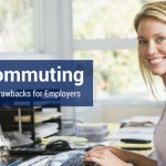 A woman working at home on her computer, with a banner that reads "Telecommuting".