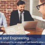 Three co-workers sitting together at a table working on their laptops with a blue banner across the bottom that says "six sigma and engineering".