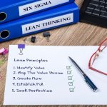 A cluttered desk with glasses, binder clips, a keyboard and a piece of paper that lists out the Lean Principles in a checklist, next to two binders with "Six Sigma" and "Lean Thinking" printed on the spines.